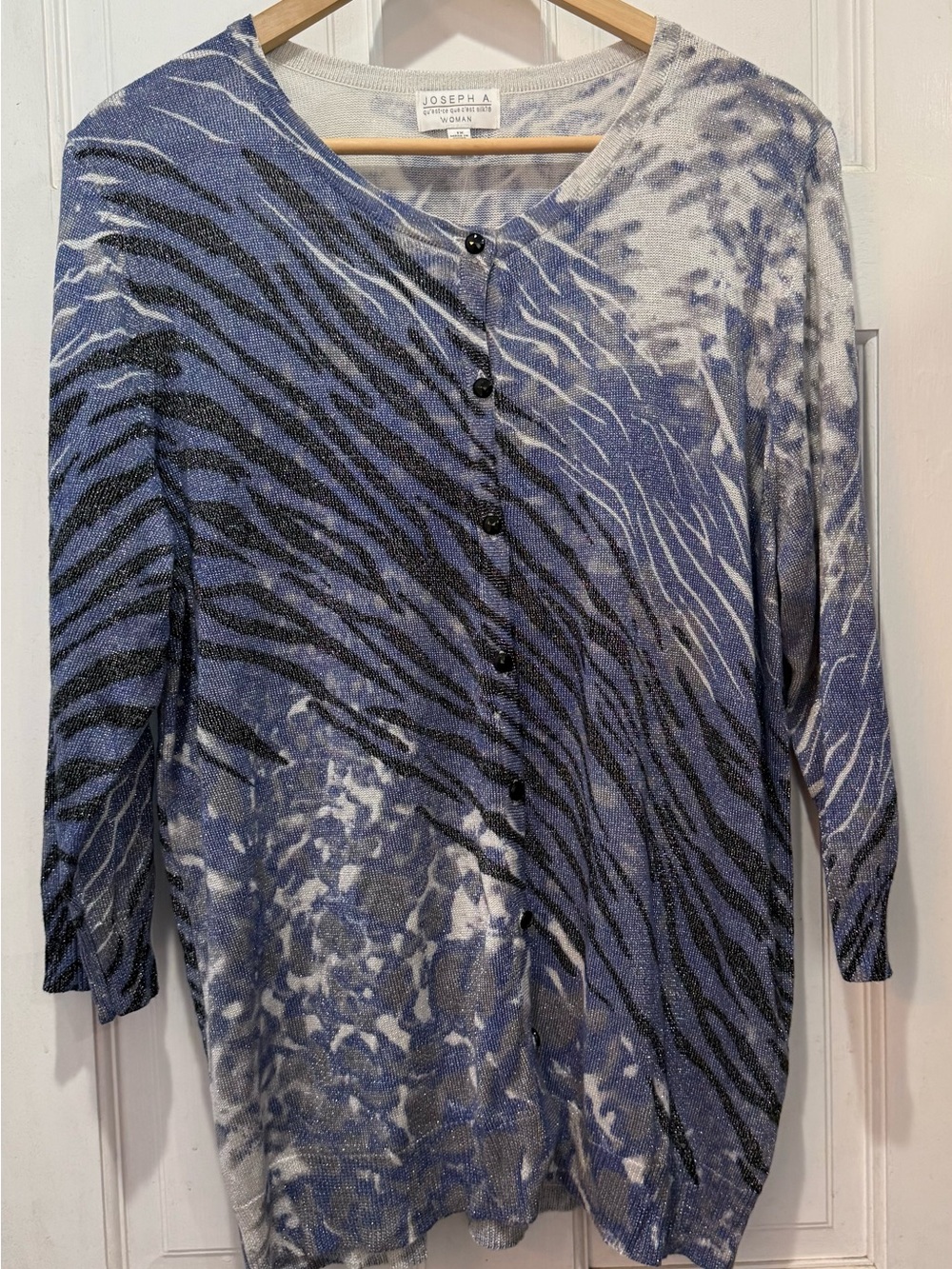 Joseph A. Woman Blue, White, Black Print Button 3/4 Sleeve Cardigan Size 1